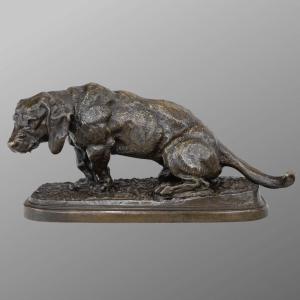 Sculpture - Basset Sitting , Antoine - Louis Barye (1795-1875) - Bronze