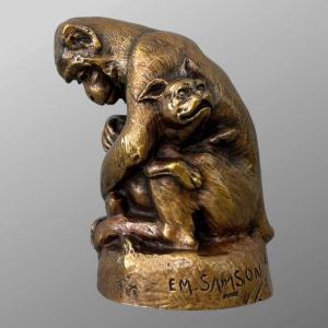 Sculpture - Monkey And Dog , Emmanuel Samson (1860-1926) - Bronze