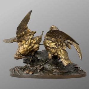 Sculpture - Group Of Woodcocks With A Frog , Leon Bureau (1866-1906) - Bronze