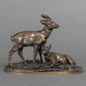 Sculpture - Group Of Roe Deer No. 2 , Pierre-jules Mêne (1810-1879) - Bronze 