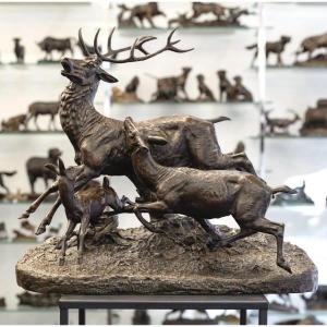 Sculpture - Family Of Deer , Clovis - Edmond Masson (1838-1913) - Bronze