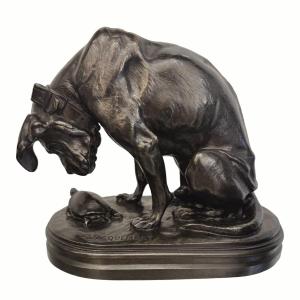 Sculpture - Dog And Turtle , Henri Alfred Jacquemart (1824-1894) - Bronze
