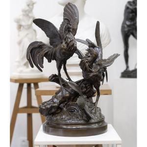 Sculpture - Cockfighting , Auguste Lechesne (1815-1888) - Bronze