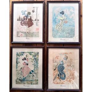 "durieux, Four Watercolors, Ventôse, Prairial, Vendémiaire, Brumaire