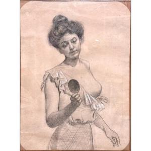 French School Of The End Of The 19th Century, Young Woman Holding A Face In Her Hand