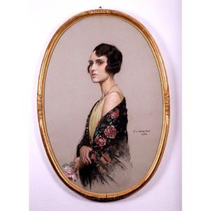 François-maurice Roganeau, Elégante à La Rose Et Au Châle, Portrait Of Mme Roganeau, 1930