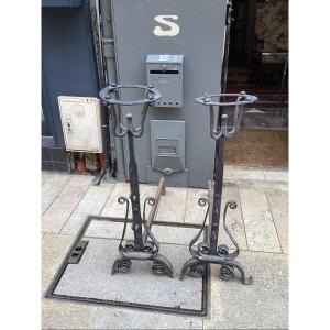 Pair Of Wrought Iron Landiers, From A Bourbonnais Castle