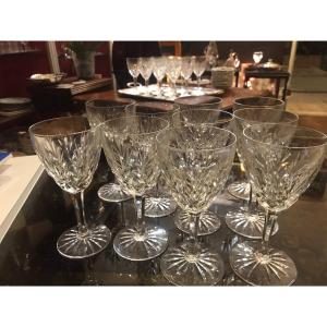 Suite Of 10 Unsigned Saint Louis Crystal Red Wine Glasses 16 Cm