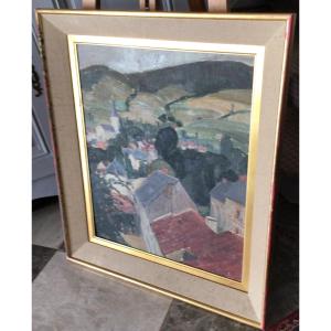 Crozant School View Of The Roofs Of The Village, Unsigned Oil On Panel