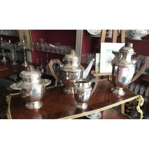  Art Deco Period Tea And Coffee Service In Silver Plated Metal And Rosewood, 4 Pieces. 