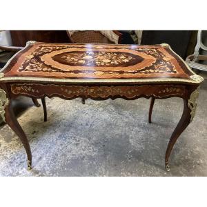 A Louis XV Style (19th Century) Side Table In Rich Marquetry Of Flowers And Gilt Bronze.