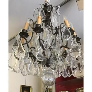 Bronze And Crystal Cage Chandelier With Eight Lights