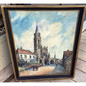 Frank Will, Lively Street In Saint Père Sous Vezelay, Watercolor And Charcoal Drawing, Located, Signed, Dated 1925