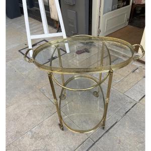 Oval Brass Rolling Table With Removable Top In The Style Of Bagues Or Jansen