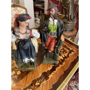 A Couple Of Calabrian Women In Polychrome Wood, Inscribed “calabreses,” Dated 1869, Illegible Signature