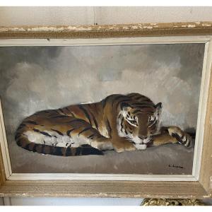 Follower Of Paul Jouve: Oil On Canvas By Camille Cipra , (1896-1952) Reclining Tiger