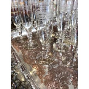 Champagne Wine Glass (10 Flutes) In Engraved 19th Century Crystal