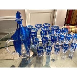 12-piece Art Deco Service Set In Blue-tinted Cut Crystal