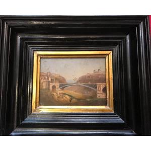 Ritschard Louis 1817- 1904 Landscape With A Bridge Oil On Wood 12.5 Cm X 8.5 Cm Signed