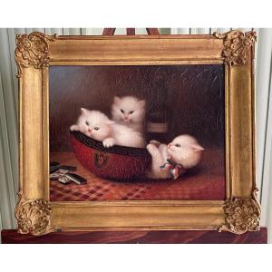 Miss Aïta, Portrait Of White Kittens Playing Dominoes 