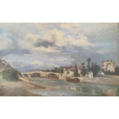 River Landscape, Oil On Cardboard, Nineteenth
