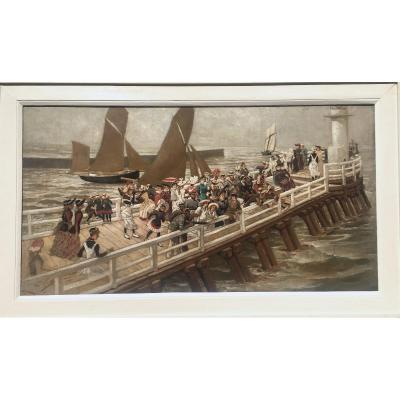 Morisot Auguste (att. à) (1857 - 1951), Scène Animée Sur Une Jetée En Bois