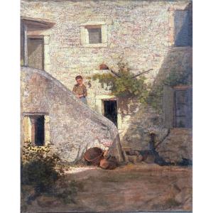 Théodore Jourdan (1833 - 1906) Attributed To / Courtyard With A Girl