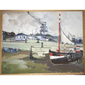 Gouache By Claude Fauchère (1936-2019) - Honfleur - Marine - Maritime Port - Cranes - Docks