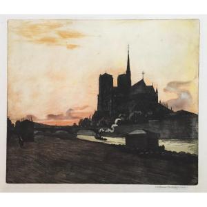 Joseph-victor Roux-champion (1871-1953), Notre-dame, Etching And Aquatint In Colors, 1904