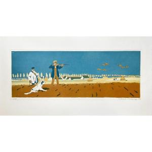 Maurice Taquoy (1878-1952), Partridge Hunting, Etching And Aquatint In Colors, 1907
