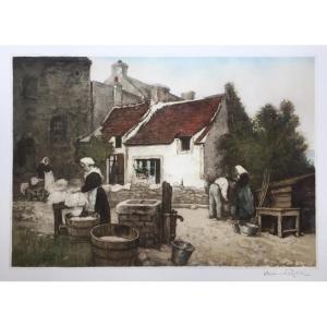 Manuel Robbe (1872 - 1936), Washerwomen, Aquatint In Colors