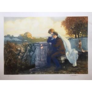 Lionello Balestrieri (1872 - 1958), Couple On A Terrace, Aquatint In Colors