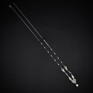 Art Deco Platinum And Gold Necklace With Old European-cut Diamonds And Natural Pearls