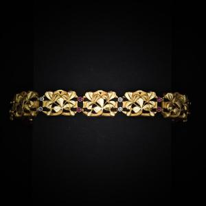 Art Nouveau 18k Gold Bracelet With Cabochon Rubies & Diamonds – Circa 1900