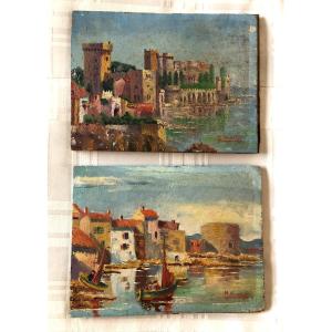 Oil Painting On Panel St Tropez And Cannes Seaside View Marine Port Regionalist Sign
