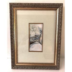 Watercolor Drawing Snowy Landscape Golden Frame Painting 