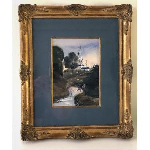 Watercolor Russian Orthodox Landscape Gilt Wood Frame Painting