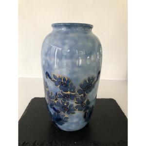 Tharaud Art Deco Limoges Porcelain Vase With Blue And Gold-gilt Flowers 