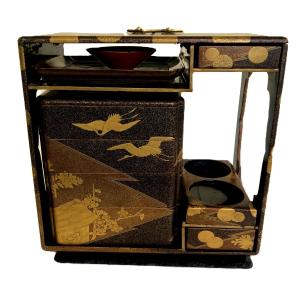 Sage- Jubako Japanese Lacquered Box Picnic Carrier Asian Cranes