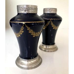 Pair Of Sevres Limoges Porcelain Vases, Four Blue, Solid Arcent, Gilded, Or