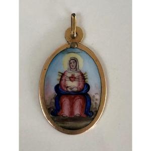 Religious Pendant Medal In Gold And Porcelain, Painted Virgin Mary
