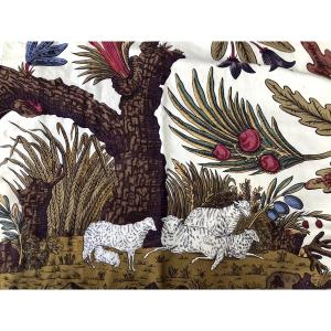 Antique Fabric Pair Of Curtains Pastoral Scene With Tree Of Life Art Deco Sheep Print