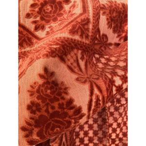 Textile Pair Of XIXth Century Drapes Chiseled Velvet Checkerboard And Roses Fabric Curtains