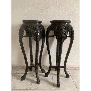 Pair Of Asian High Chairs In Carved Wood - 19th Century