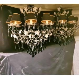 Pair Of Black Lacquered Metal Chandeliers Decorated With Faceted Beads, Drops, And Frosted Flowers