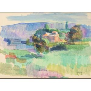 Jean Marzelle (1916-2005) Landscape With Cypresses - 1958 - Watercolor Signed And Dated 44 X 63cm