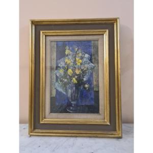 Tony Agostini, (1916-1990) Bouquet Of Flowers On Blue Background
