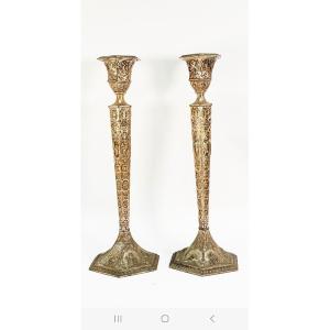 Pair Of Large Candlesticks In Silvered Bronze, Second Half 19th Century.