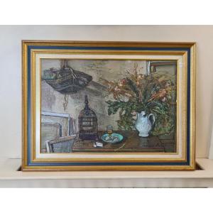 Françoise Adnet (1924-2014) Huile Sur Toile - "mon Atelier" - Signé En Bas à Droite
