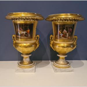 Pair Of Medici Vases In Porcelain , 19th .